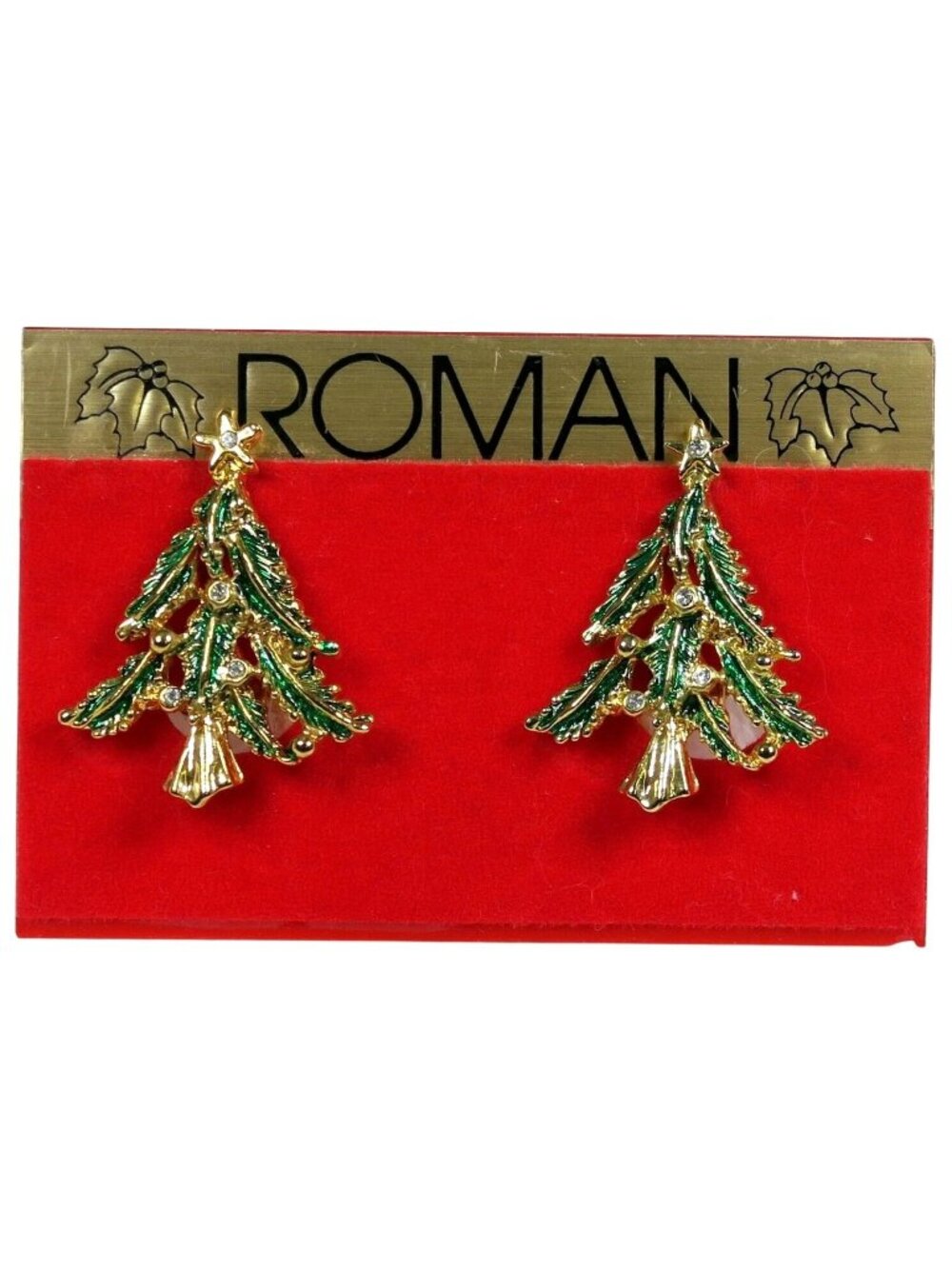 1980s Roman Christmas Tree Clip-On Earrings – Gold Tone Enamel - Holiday Jewelry